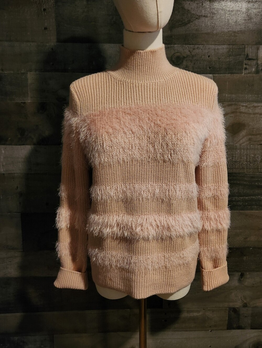 Calvin Klein Peachy Blush Mock Neck Fuzzy Stripe Sweater - Size XS